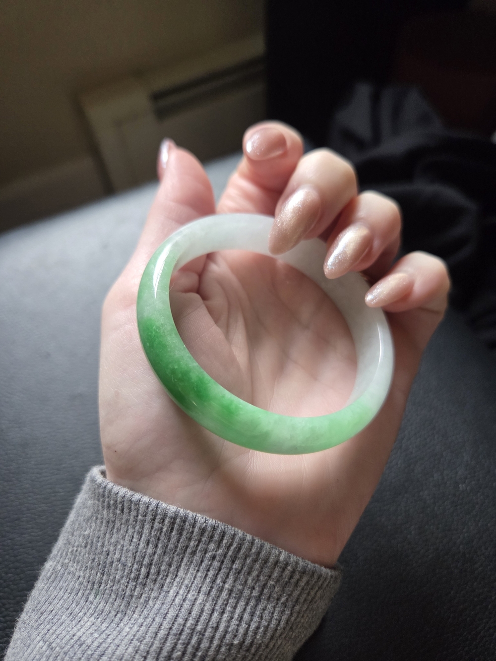 56mm Green & White Jadeite Jade Bangle